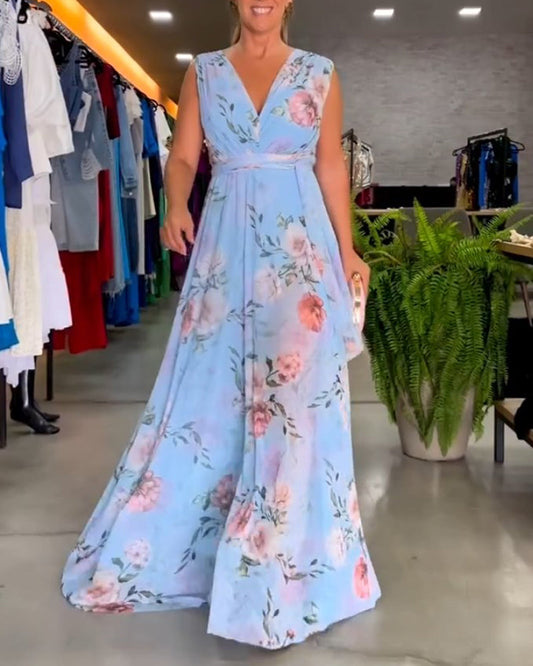 WW | Elegant Sleeveless Dress with Floral Print and V-Neck