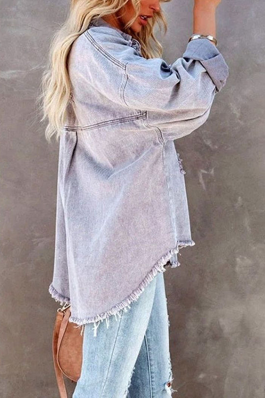 WW | Lapel Long Sleeve Ripped Denim Jacket