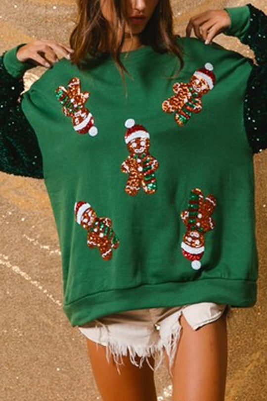 WW | Weihnachten Lässig Locker Rundhals Pailletten Ärmel Sweatshirt
