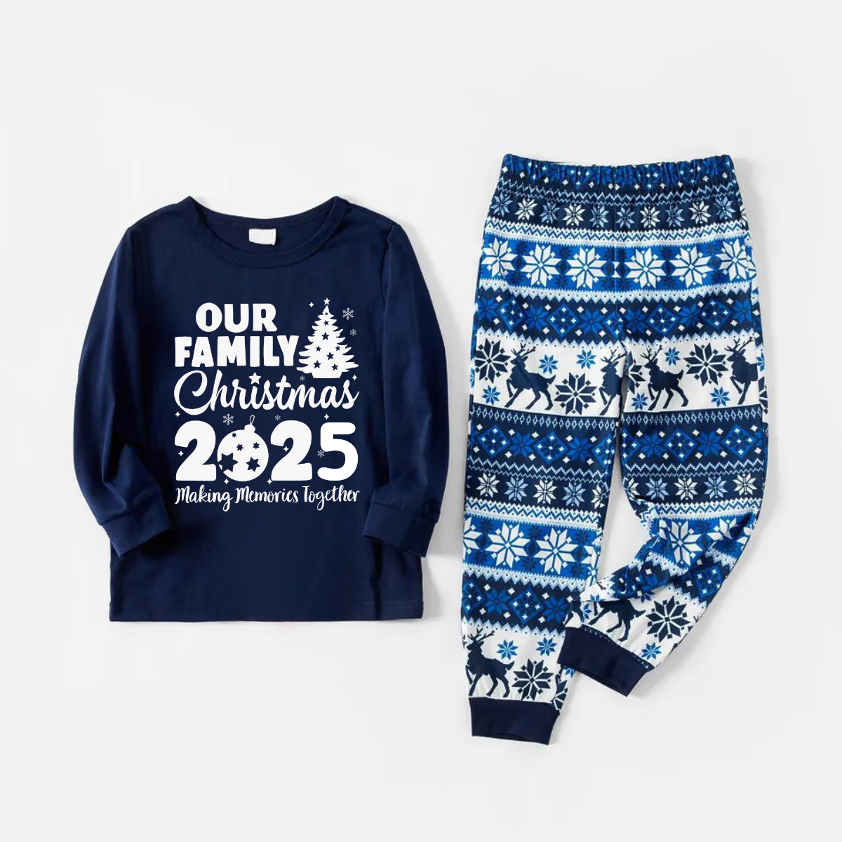 WW | Our Family Christmas 2025 Creating Memories Together Letter Print Blue Long Sleeve with Blue Floral Pants Family Matching Pajama Sets