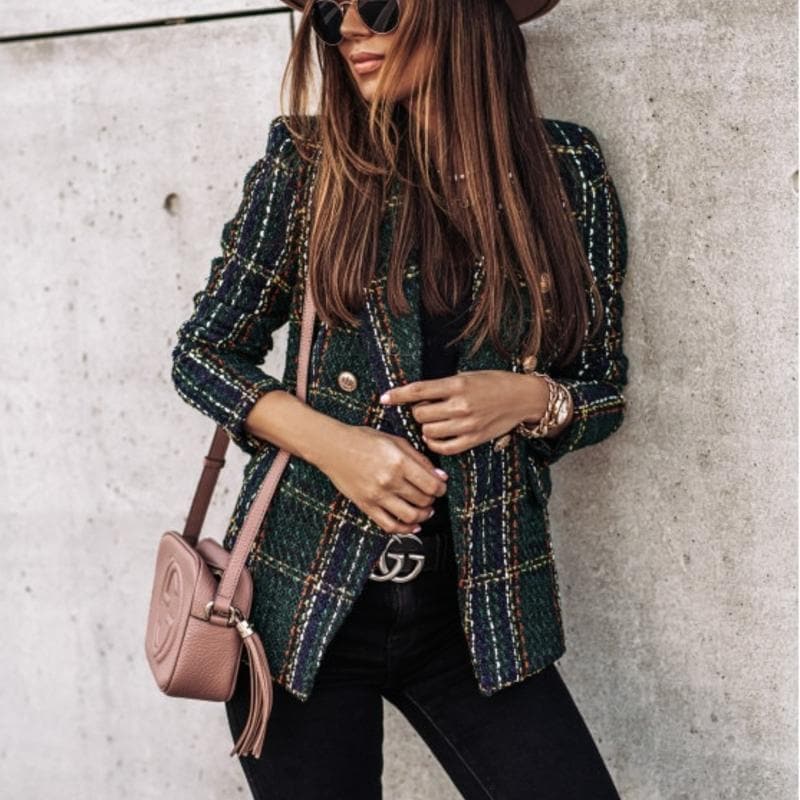 WW | Blazer Tweed Stoff Karomuster Taillierte Passform Goldene Knöpfe