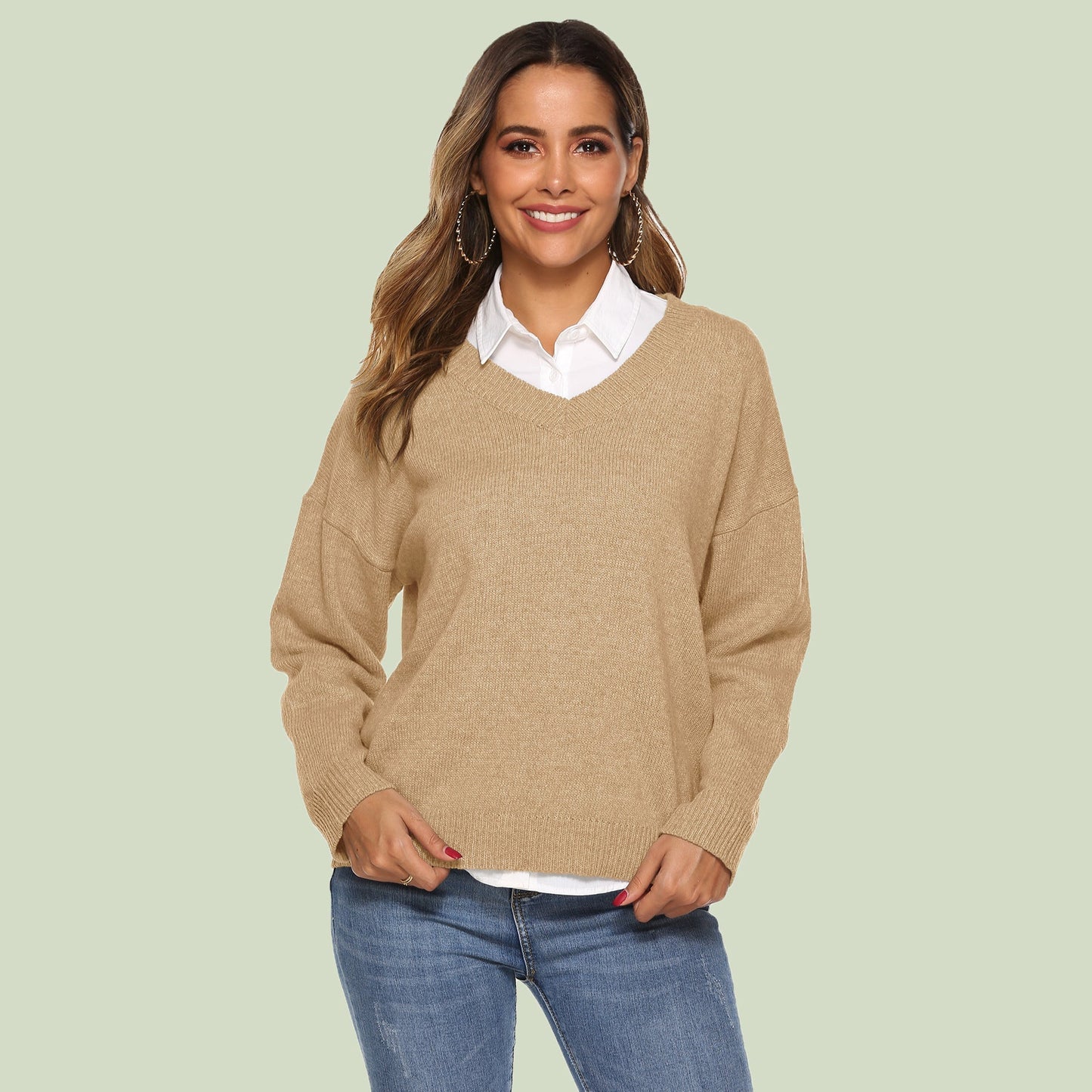 WW | Strickpullover V-Ausschnitt Relaxed Fit Lange Ärmel Weich Und Bequem