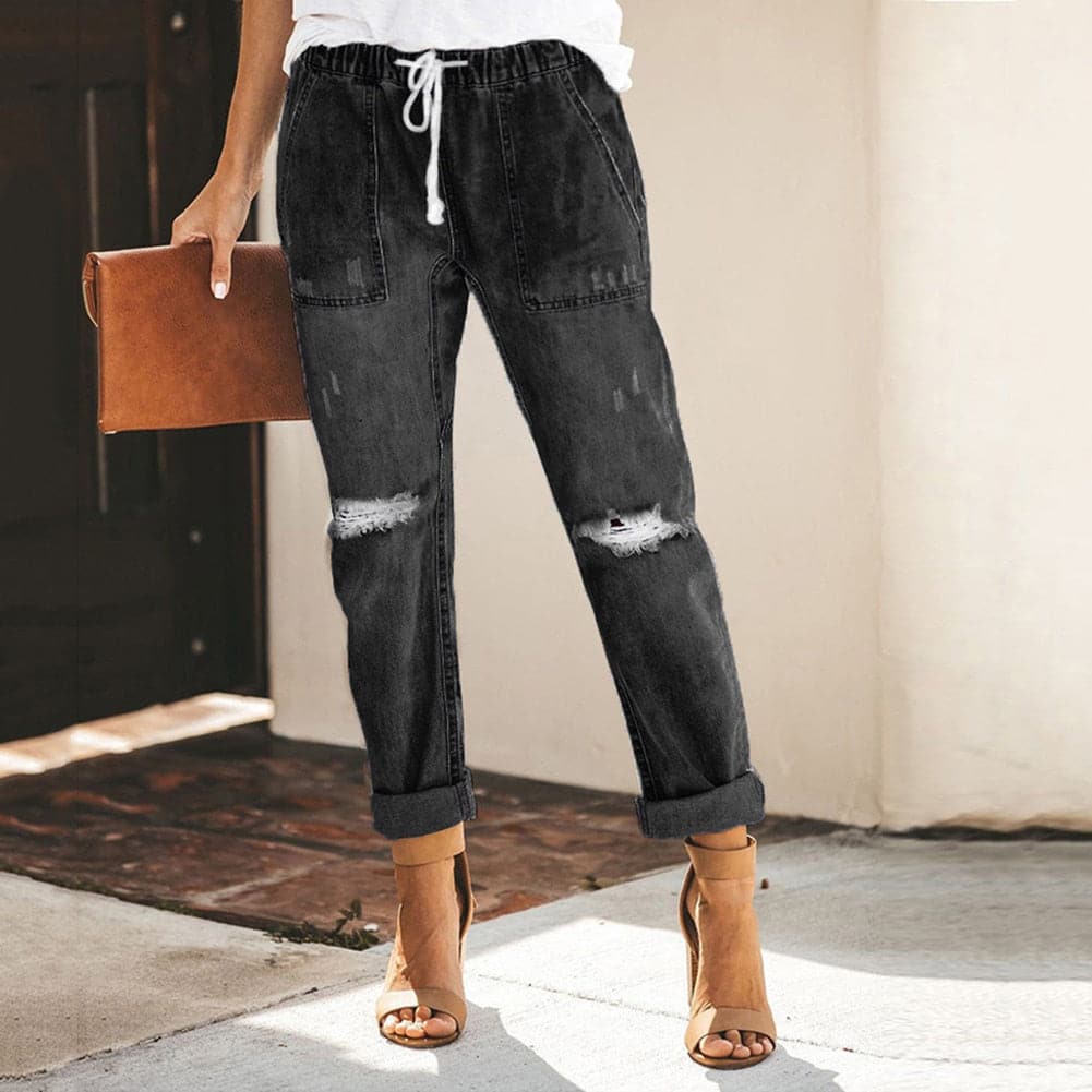 WW | Relaxed Fit Zerrissene Denim Elastischer Bund Mit Kordelzug