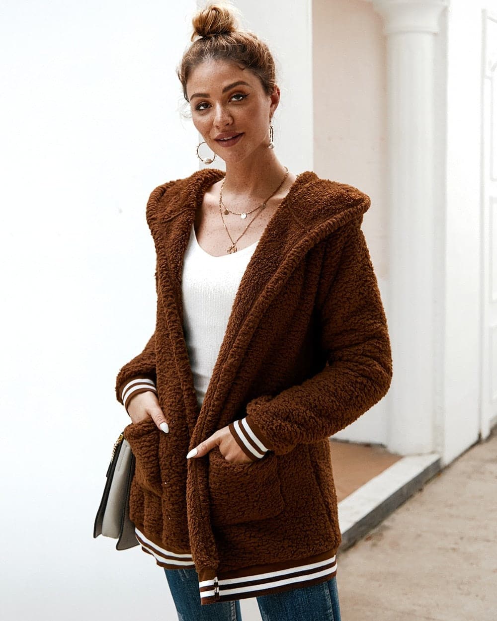 WW | Fleecejacke Übergroß Sherpa Kapuze Und Große Taschen Weich Und Warm