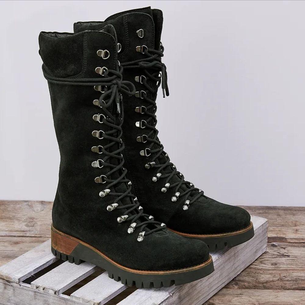 WW | Knielange Schnürstiefel Wildleder Robuste Sohle Reißverschluss Bequeme Passform