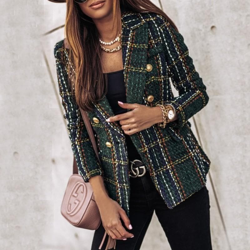 WW | Blazer Tweed Stoff Karomuster Taillierte Passform Goldene Knöpfe