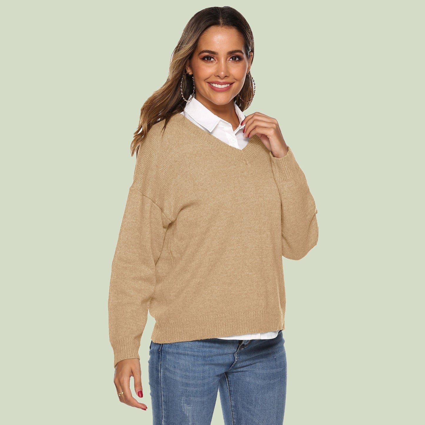 WW | Strickpullover V-Ausschnitt Relaxed Fit Lange Ärmel Weich Und Bequem