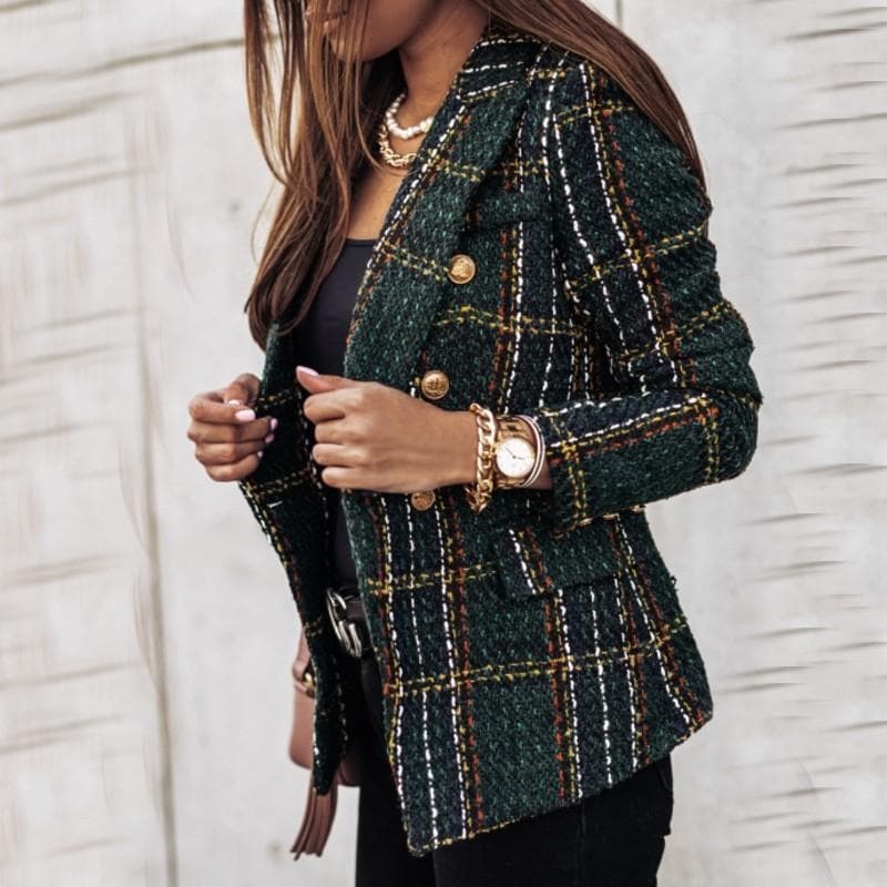 WW | Blazer Tweed Stoff Karomuster Taillierte Passform Goldene Knöpfe