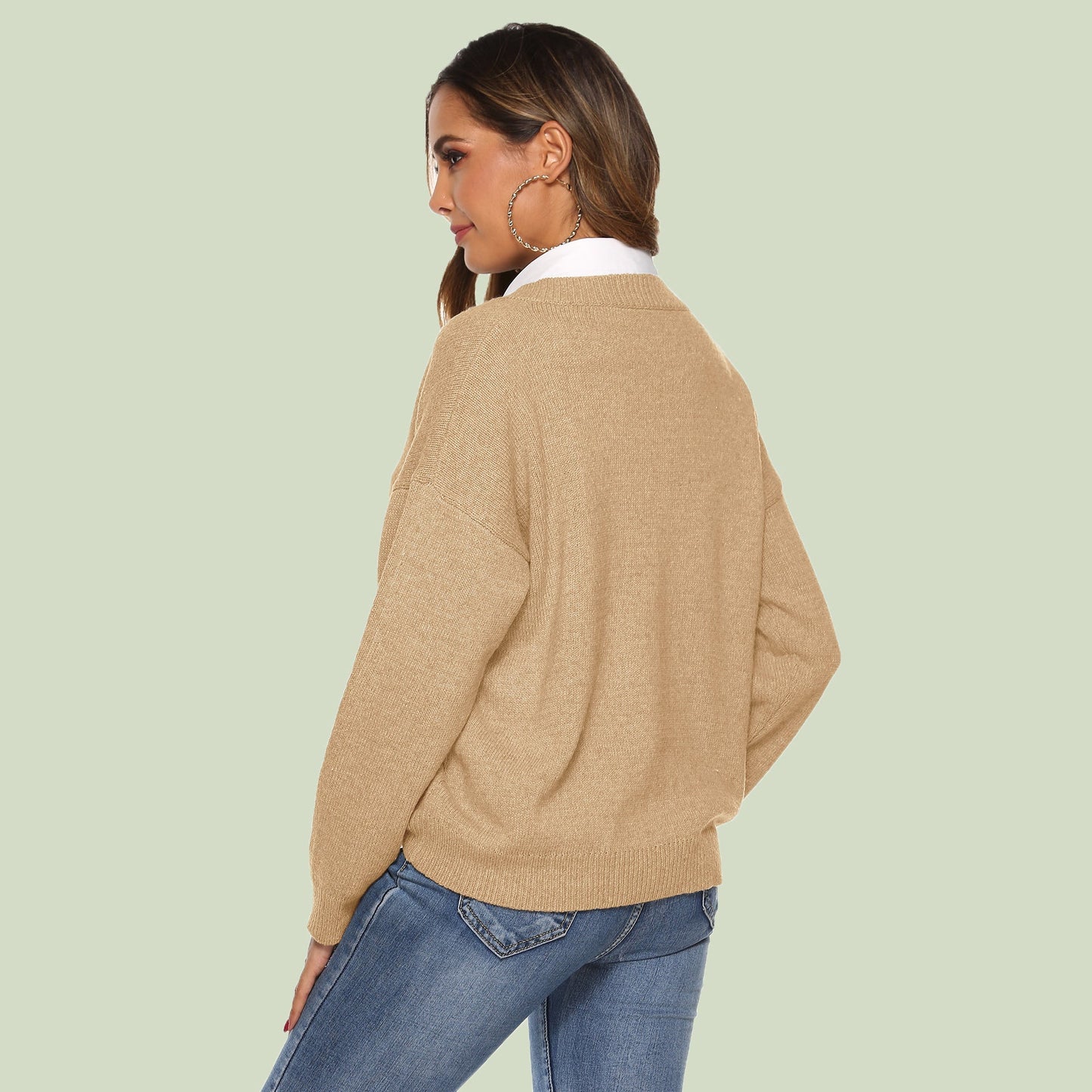 WW | Strickpullover - V-Ausschnitt - Lockere Passform - Lange Ärmel - Weich und Bequem