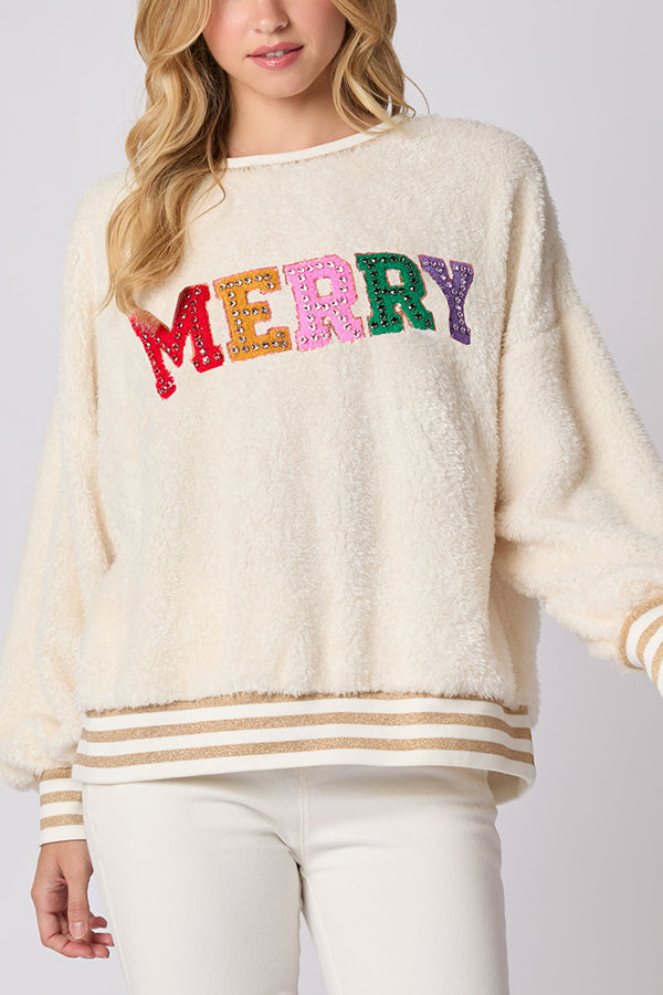 WW | Weihnachtsbuchstaben Strass Langarm Rundhalsausschnitt Sweatshirt