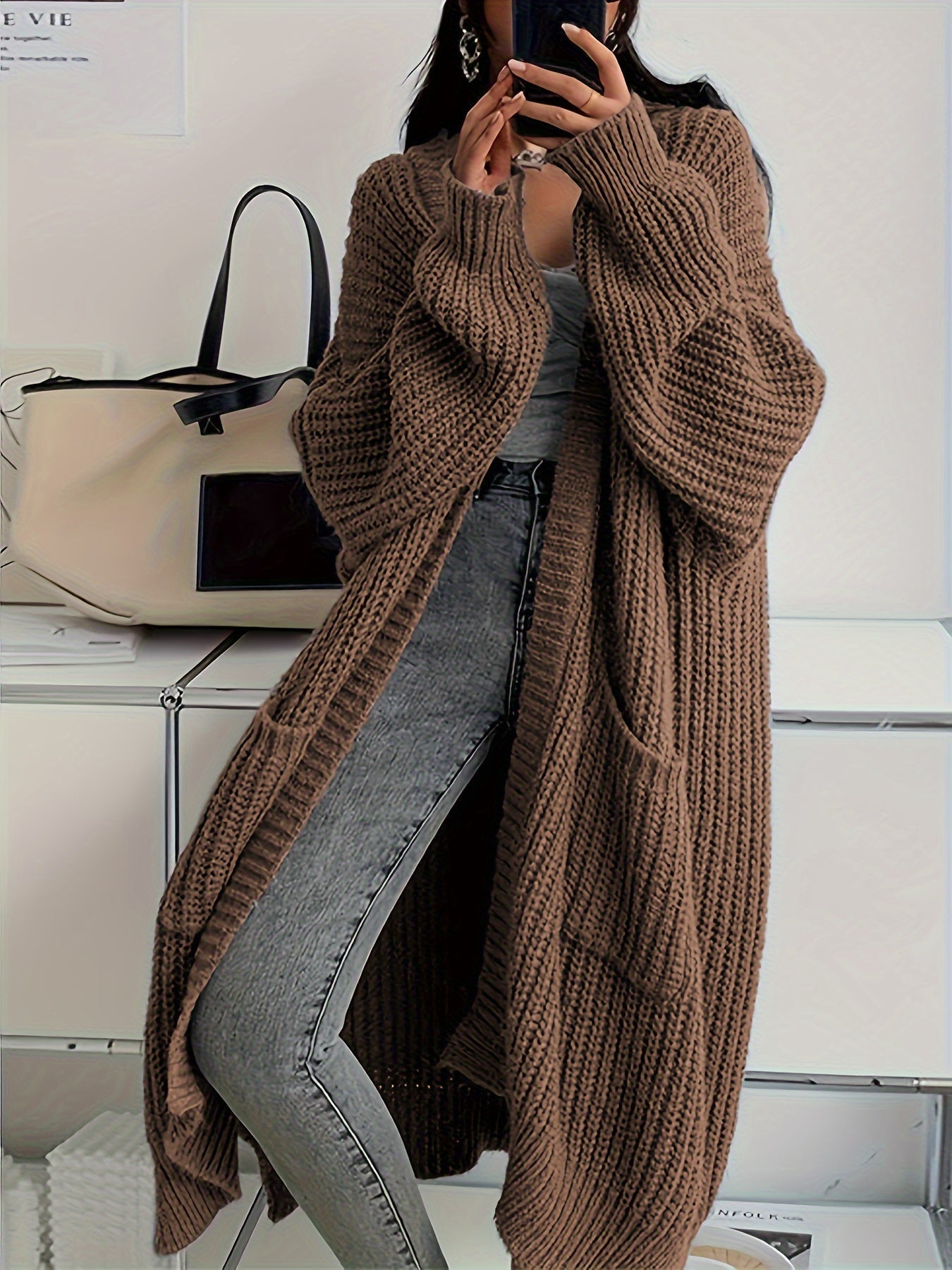 WW | Lange Aufgenähte Taschen Wolle Strickjacke Für Damen - Perfekt für Alltag