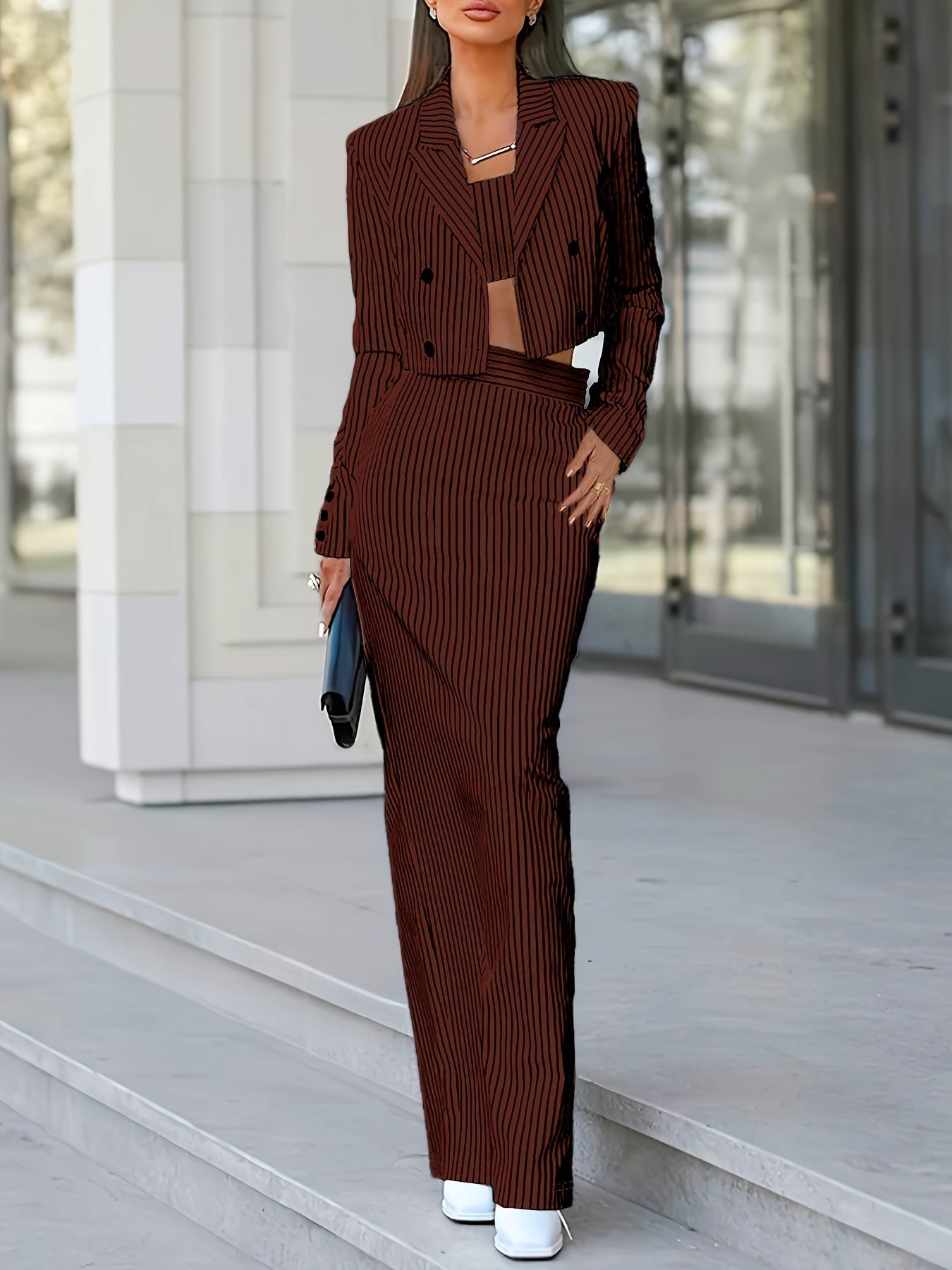 WW | Lässig Gestreiftes Muster Dreiteilig Blazer Satz