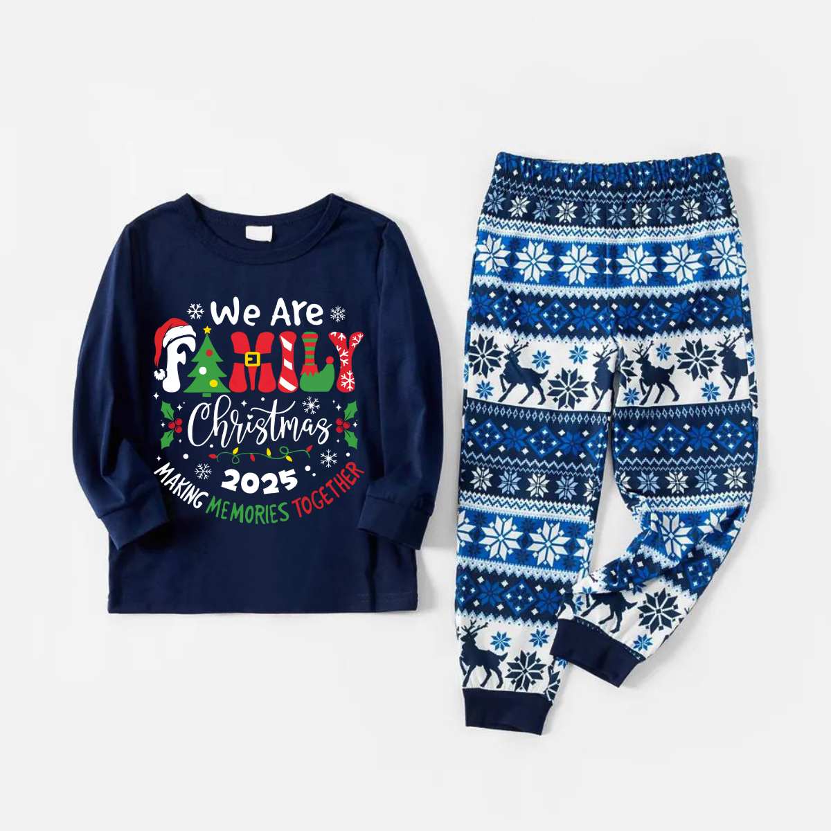 WW | "We Are Family 2025 Christmas Memories Made Together" Slogan Print Blue Long-Sleeve with Blue Floral Pants Family Matching Pajama Sets