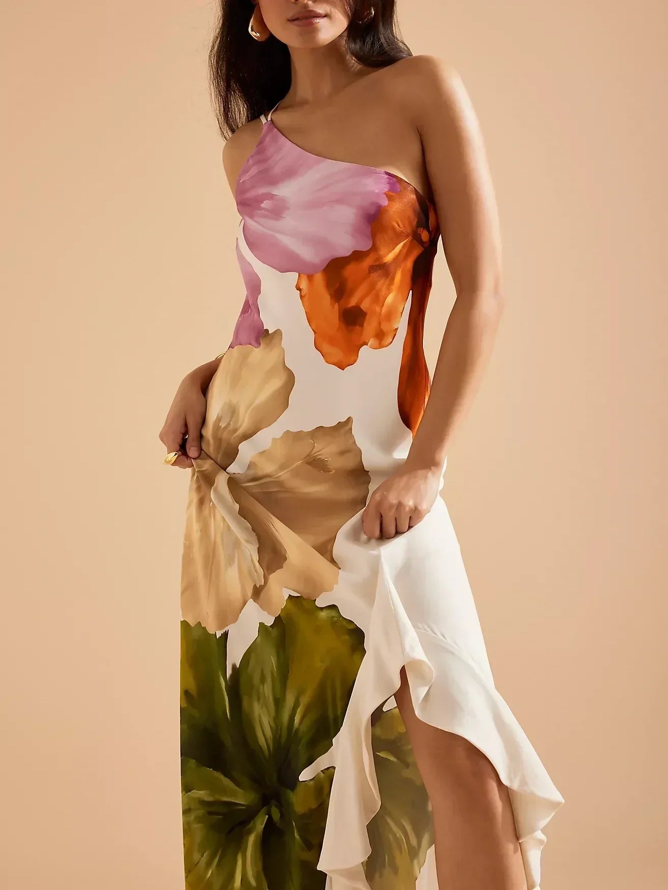 One-shoulder maxi dress with spaghetti straps