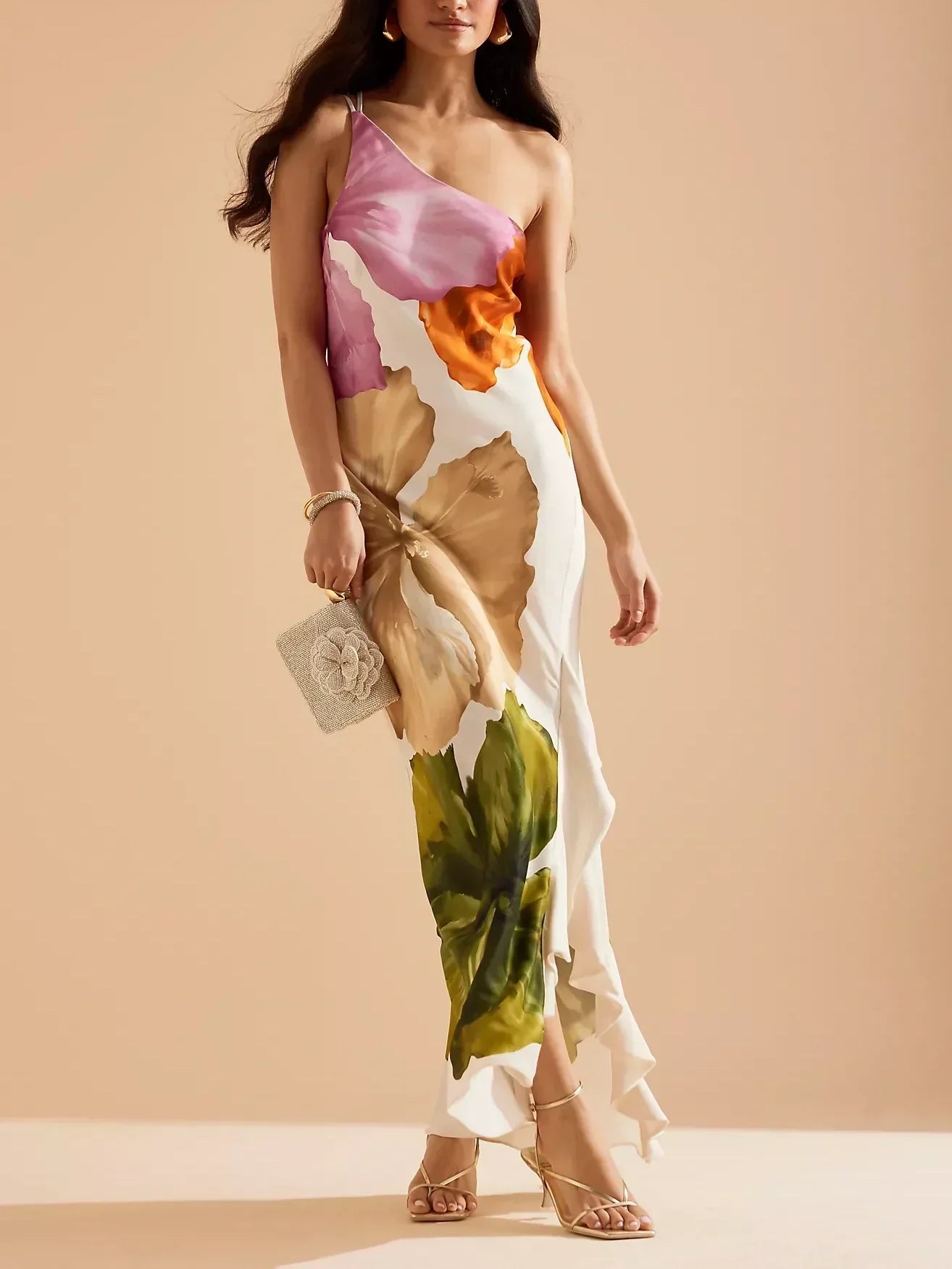 One-shoulder maxi dress with spaghetti straps