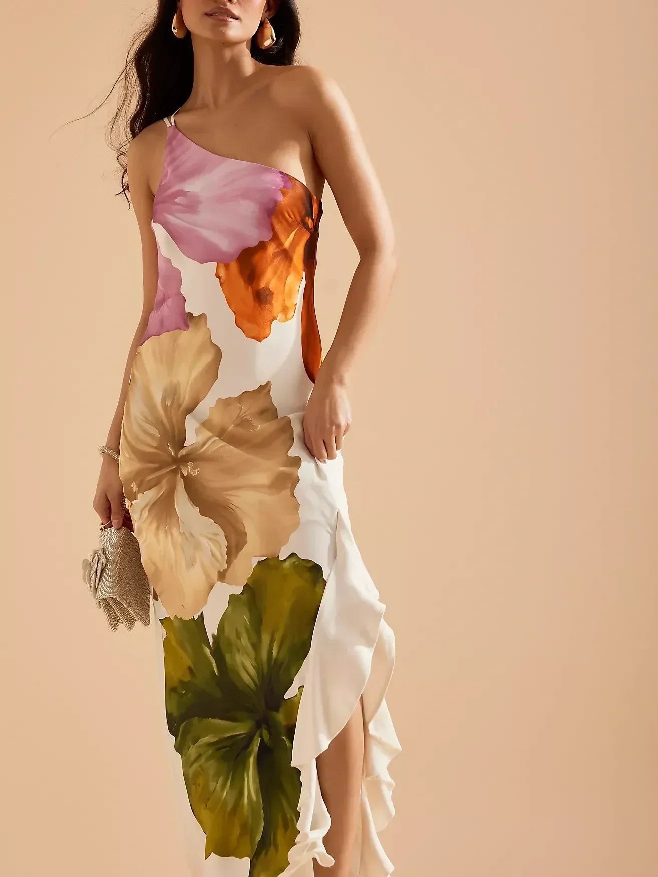 One-shoulder maxi dress with spaghetti straps