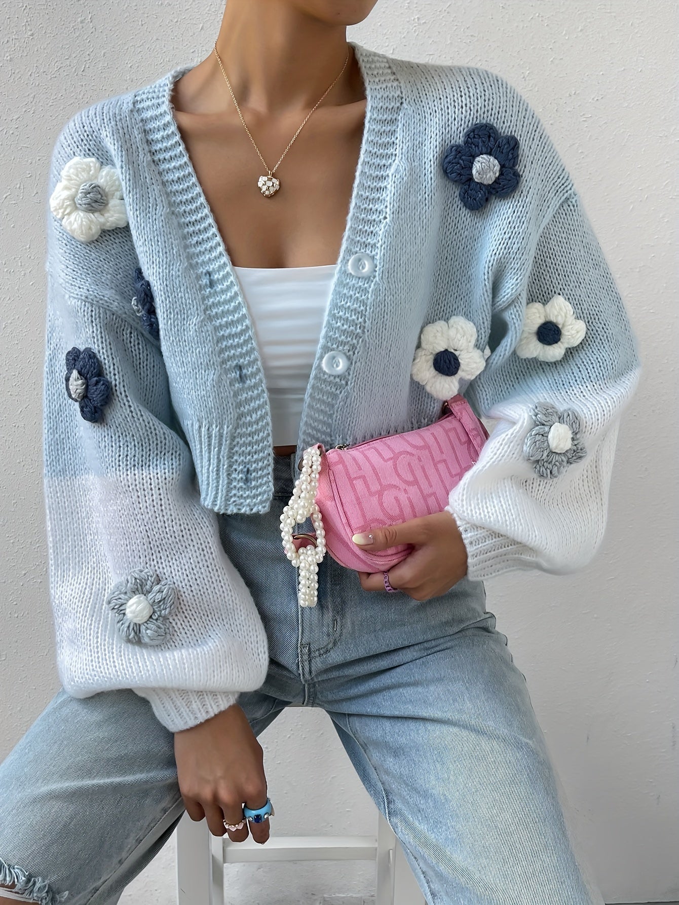 WW | Stylish Floral Embellished Warm Cotton Knit Cardigan for Women - Perfect for Everyday Wear
