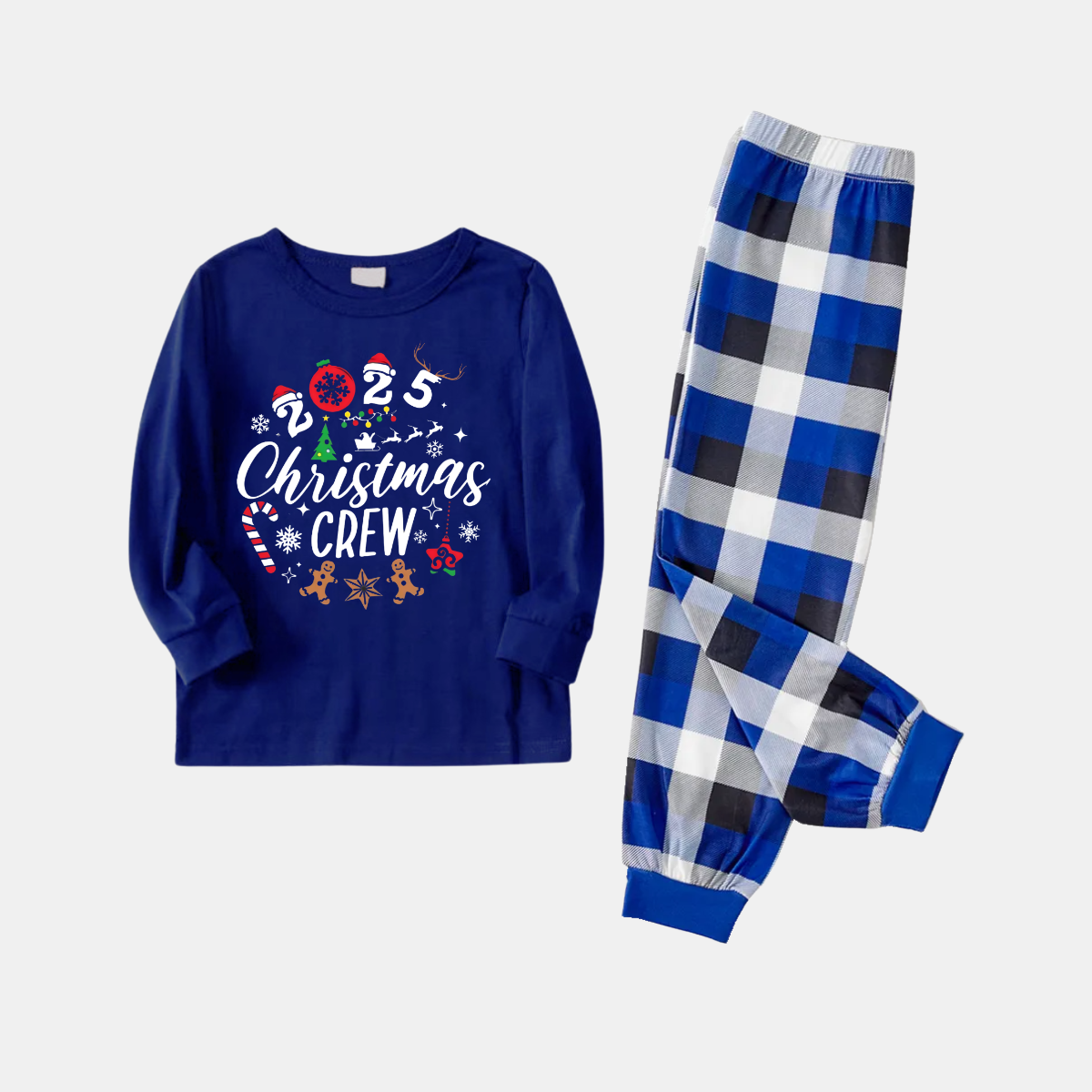 WW | Couple matching pajamas printed with "2025 Christmas Crew" text and a Christmas pattern