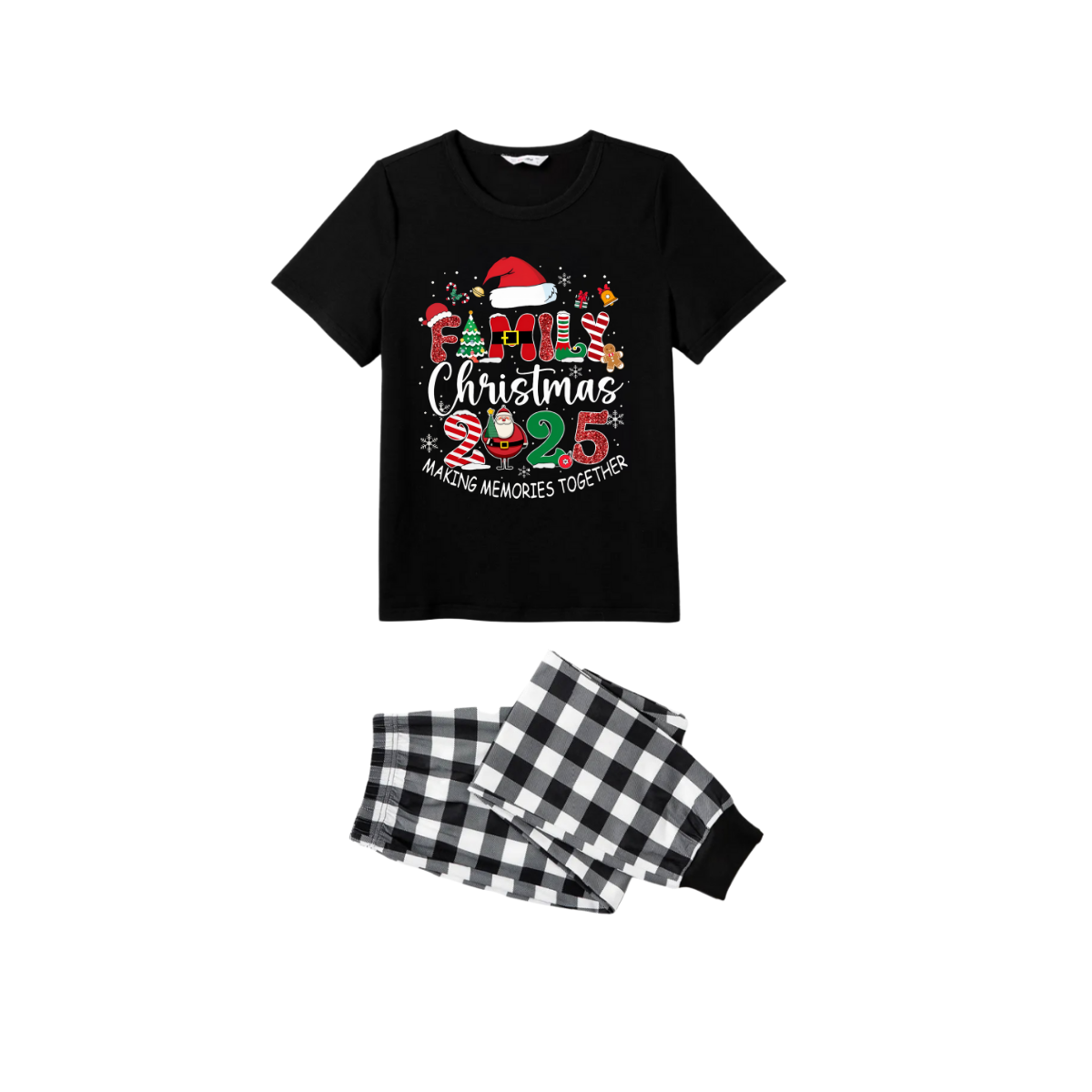 WW | Black and White Plaid Christmas Short Sleeve Pajama Set with "Family Christmas 2025 Making Memories Together" Text Print