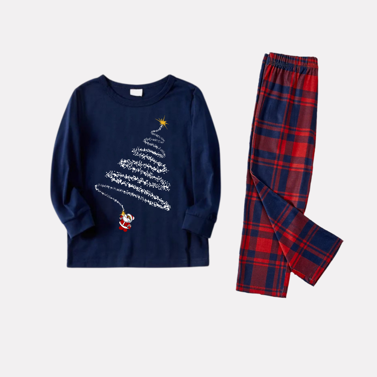 WW | Santa Claus Print Blue Long-Sleeve Top with Red and Blue Plaid Christmas Family Pajamas