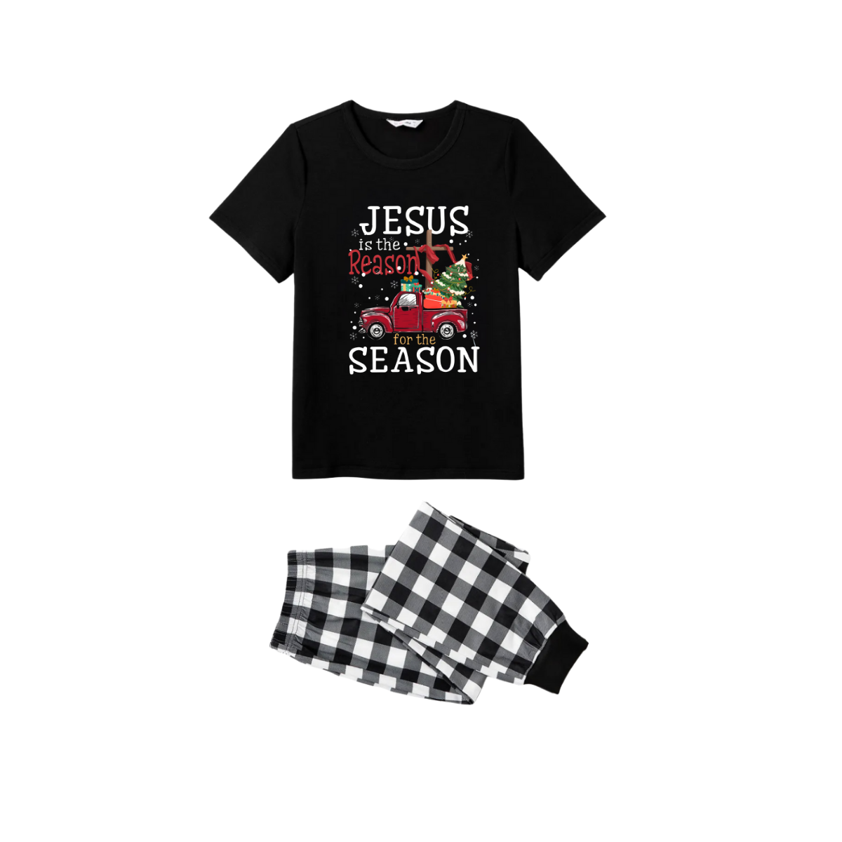 WW | Black & White Plaid "Jesus Is The Reason For The Season" Christmas Shortsleeve Pajama Set