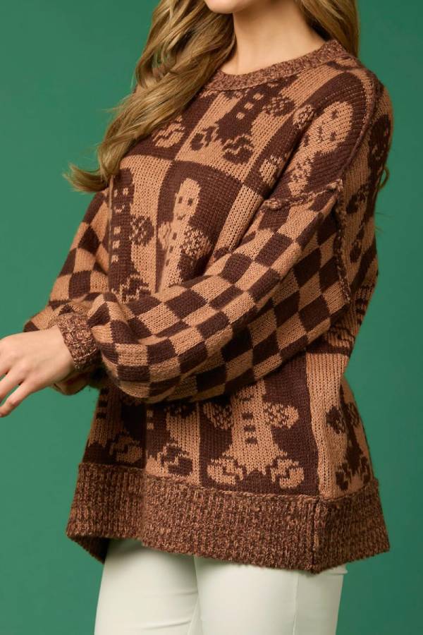 WW | Christmas Gingerbread Man Crew Neck Long Sleeve Loose Knit Sweater