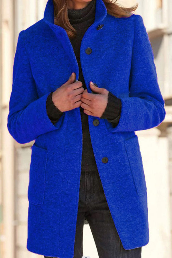 WW | Solid Color Button Stand-Up Collar Wool Jacket
