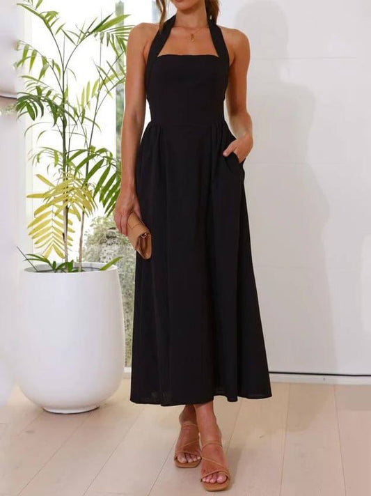 Fitted little black midi dress with a halter neck