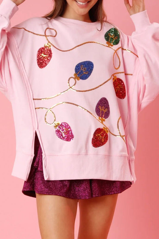 WW | Christmas Lights Sequin Slit Pullover Sweatshirt
