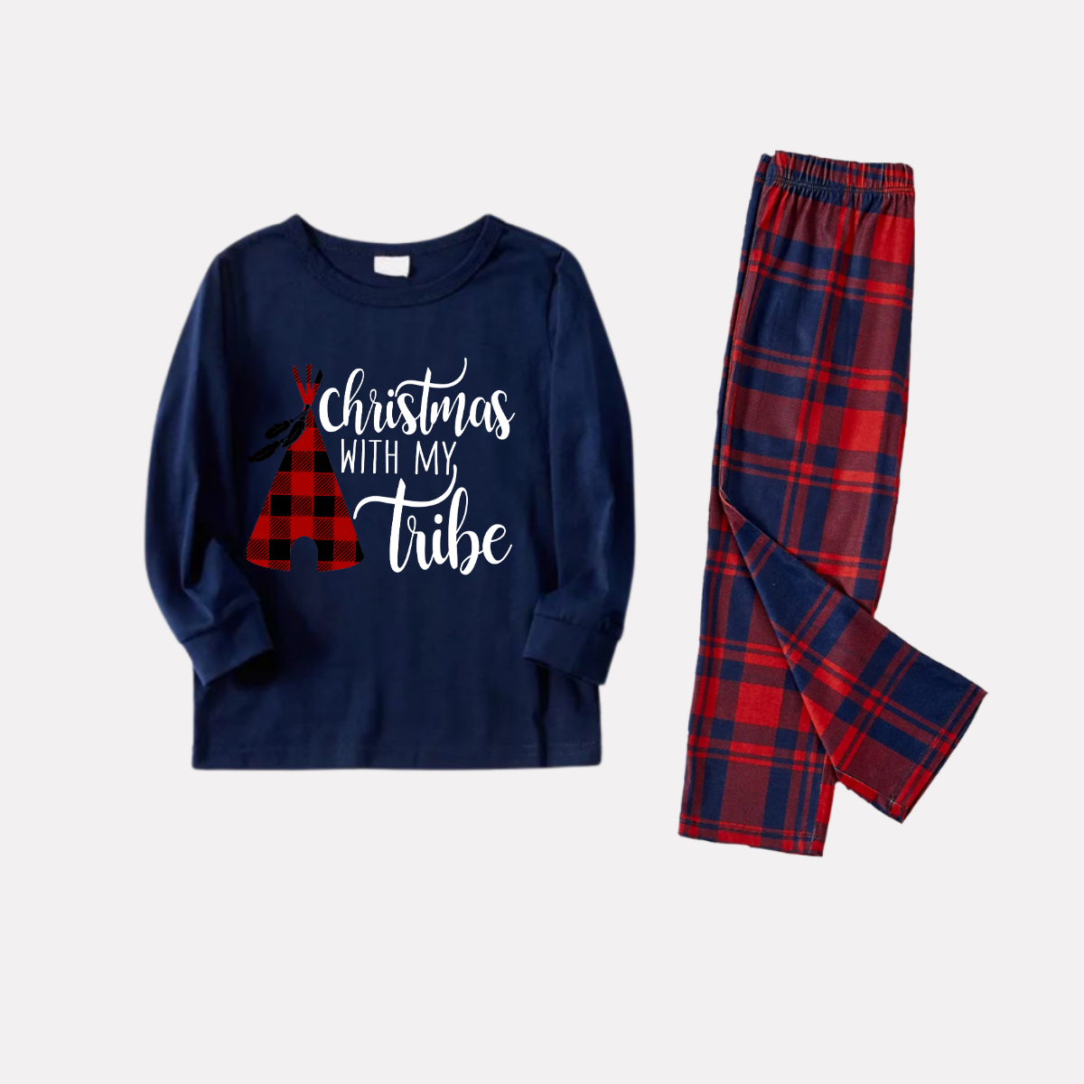 WW | Weihnachtsröhre und Buchstabendruck Blau Langarmoberteil mit Rot & Blau Karo Familienset Pyjamas
