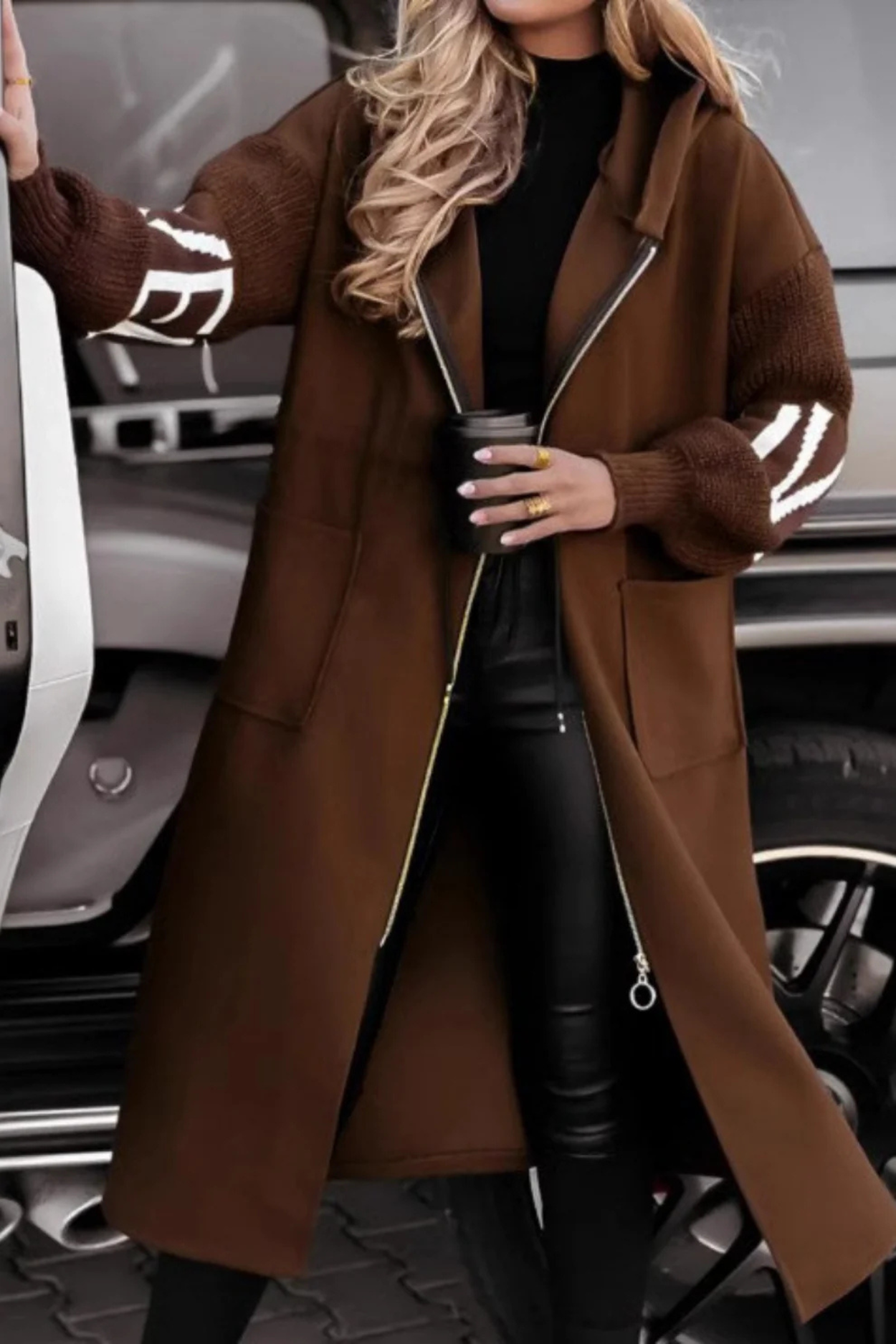 Amelia Women's Jacket with Knitted Sleeves and Hood - Brown