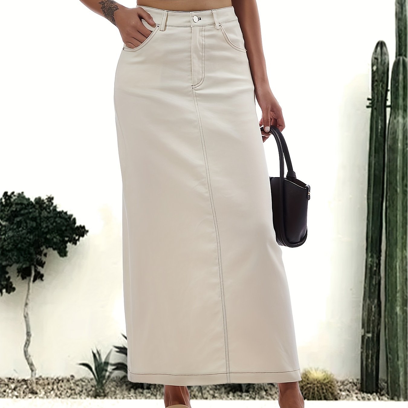 WW | Einfarbiger Weißer Schlitz Hinten Lässig Maxi Denim Rock