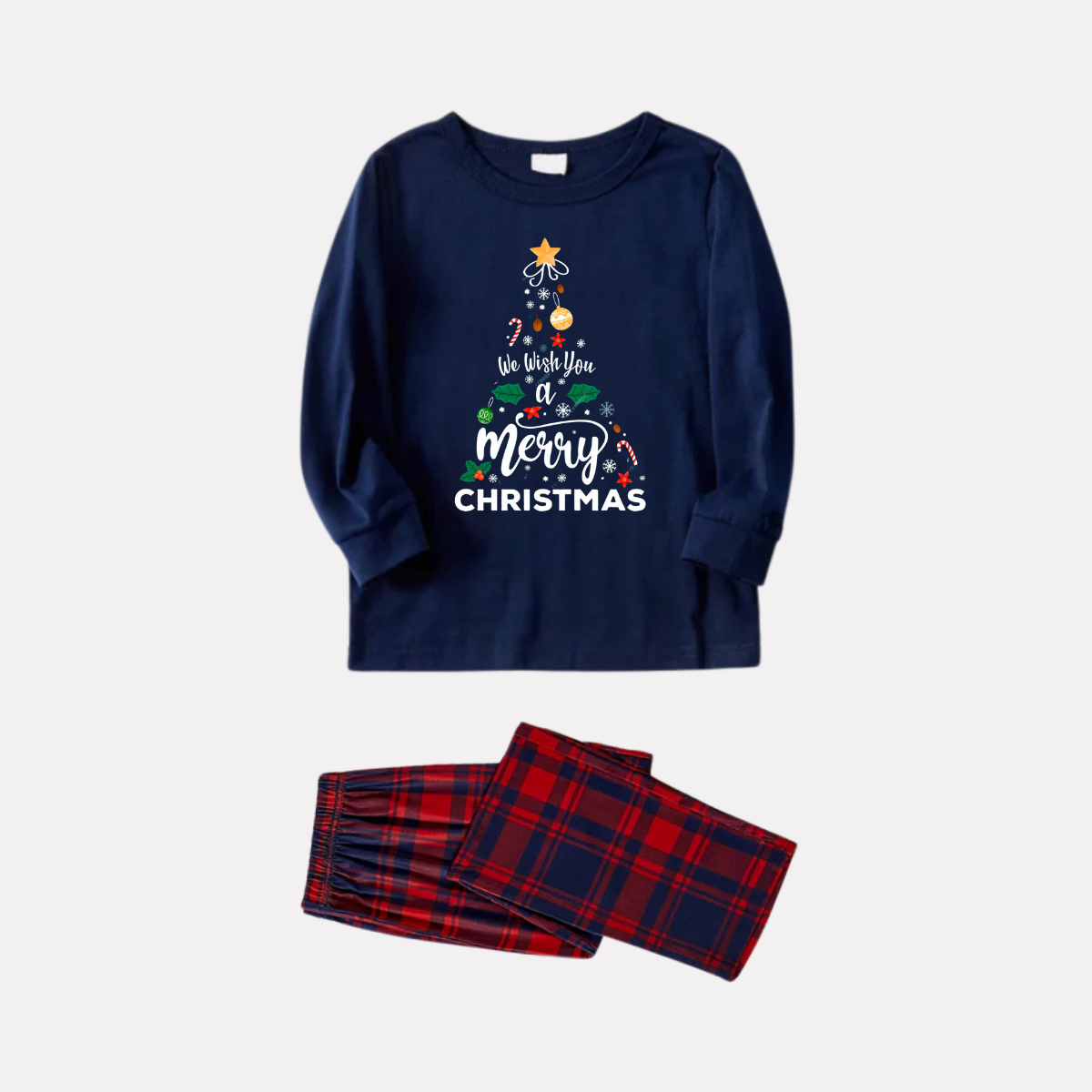 WW | "We Wish You a Merry Christmas" Bedrucktes Blau Langarmshirt Mit Blau & Rotem Karomuster Familie Passende Pyjamas