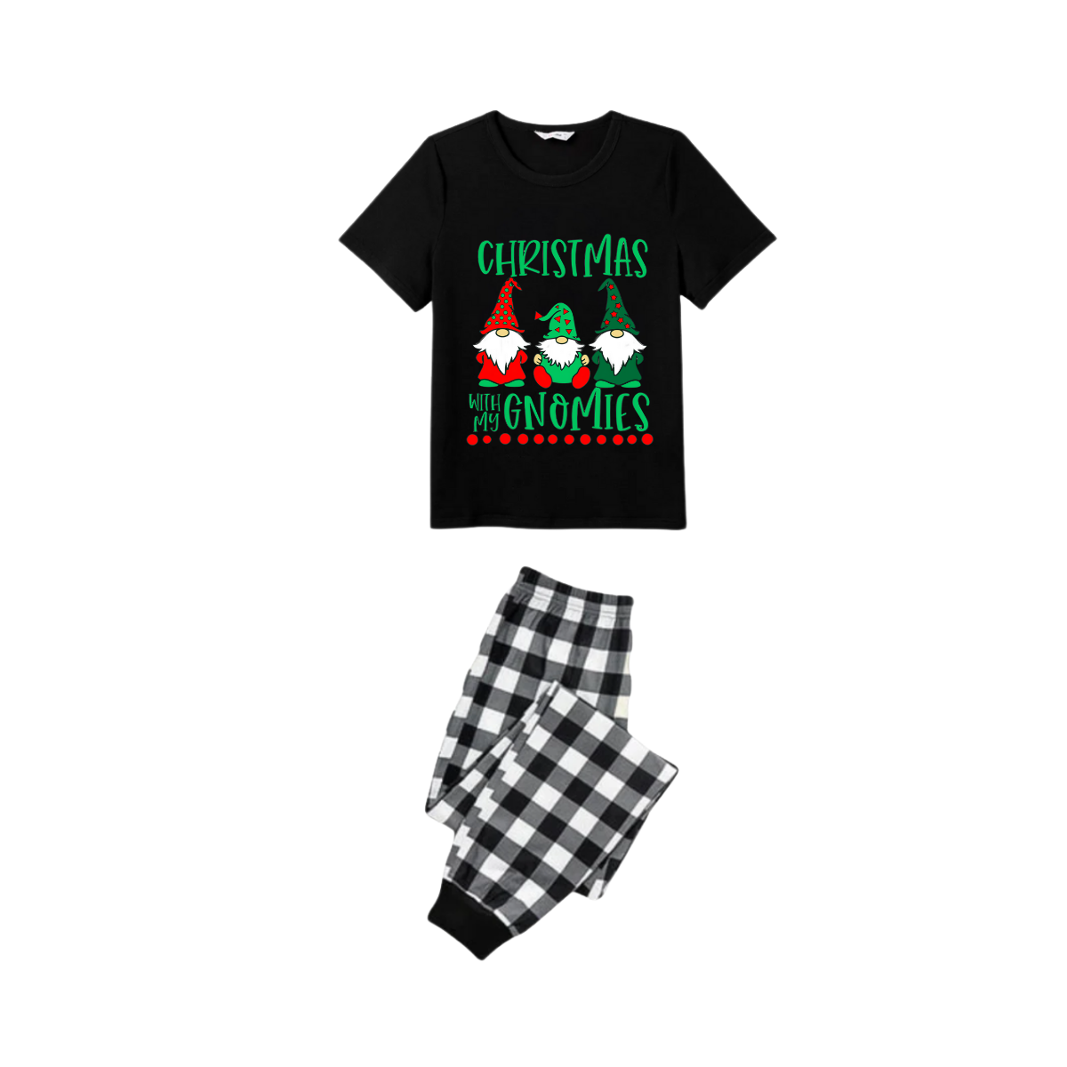 WW | Black and white checkered Christmas pajama set with short sleeves and "Christmas with my Gnomes" text print