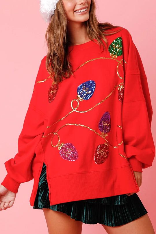 WW | Christmas Lights Sequin Slit Pullover Sweatshirt