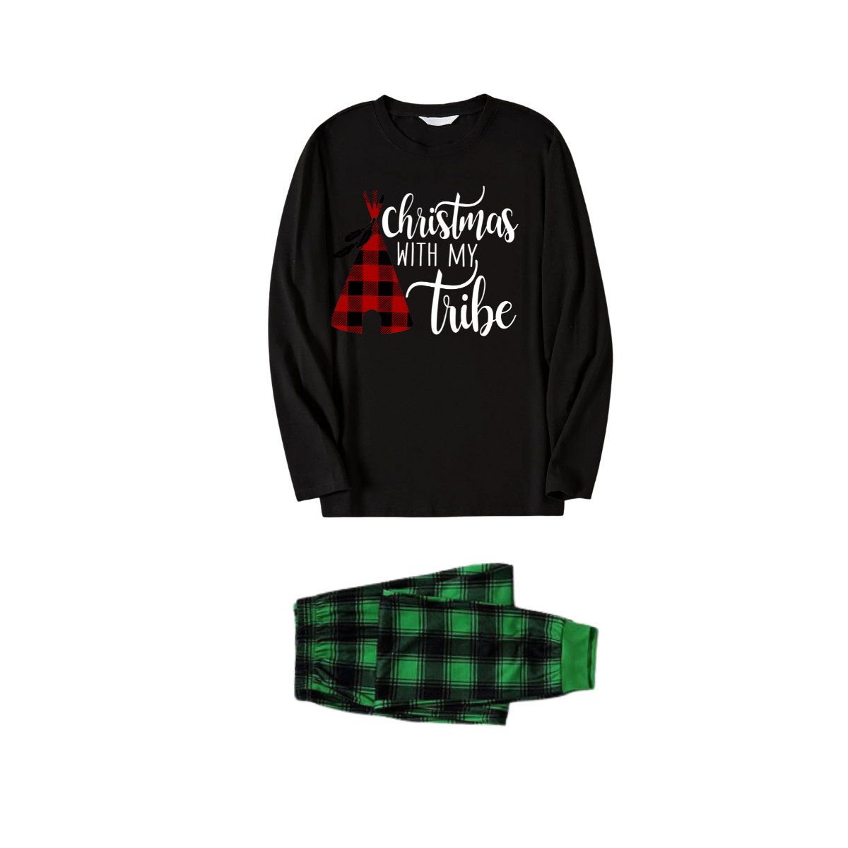 WW | "Merry Christmas" Text Print Black Long Sleeve Top with Green and Black Plaid Family Pajamas