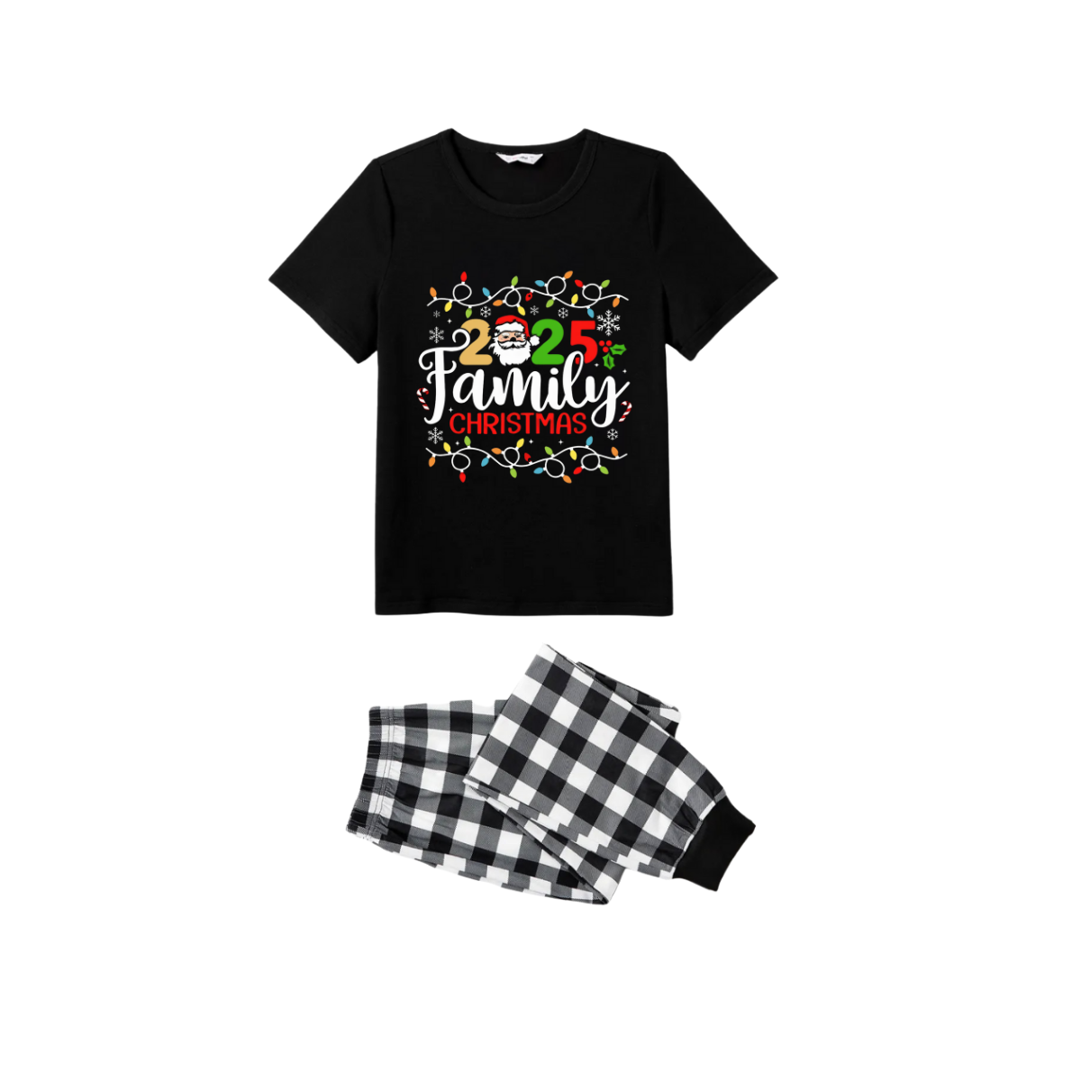 WW | Black and White Plaid Christmas Short-Sleeve Pajama Set with Christmas Lights and "2025 Family Christmas" Text Print