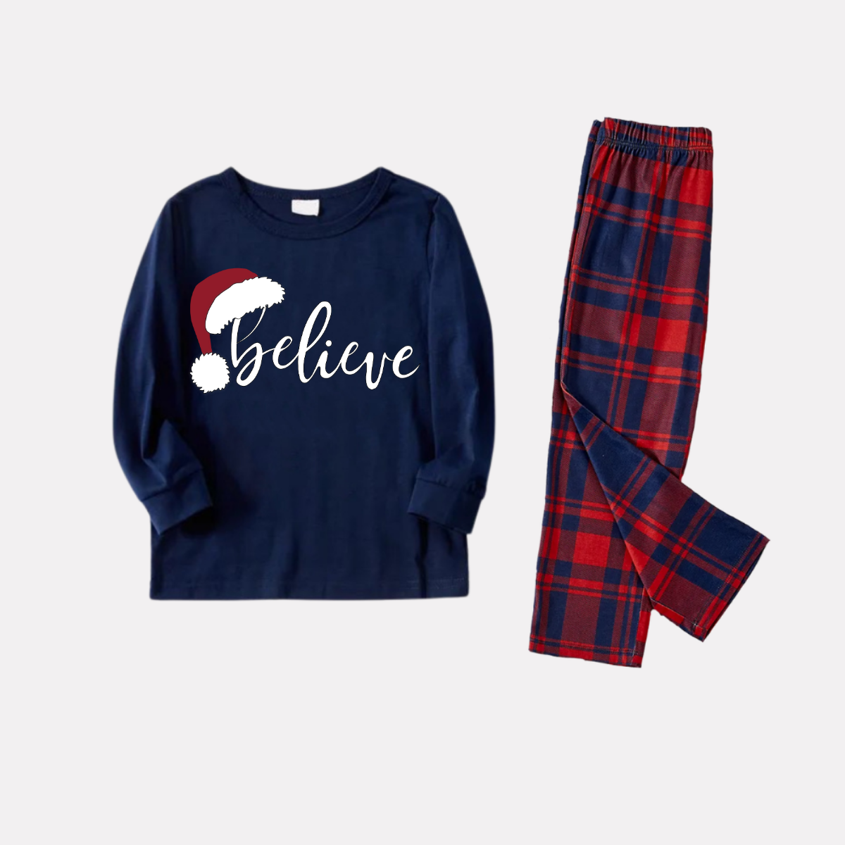 WW | Weihnachten "Believe" Buchstaben Drucken Blau Langarmoberteil mit Rot- und Blau-Karierten Weihnachtsfamilien-Matching Pyjamas