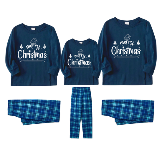 WW | "Merry Christmas" White Letter 2025 Blue Long-Sleeve Top With Blue Plaid Family Matching Pajamas