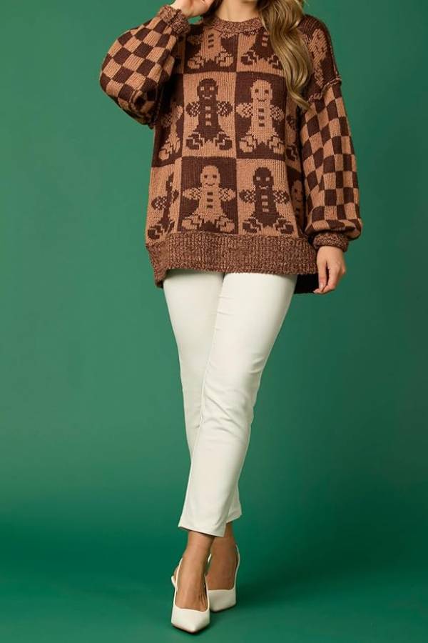 WW | Christmas Gingerbread Man Crew Neck Long Sleeve Loose Knit Sweater