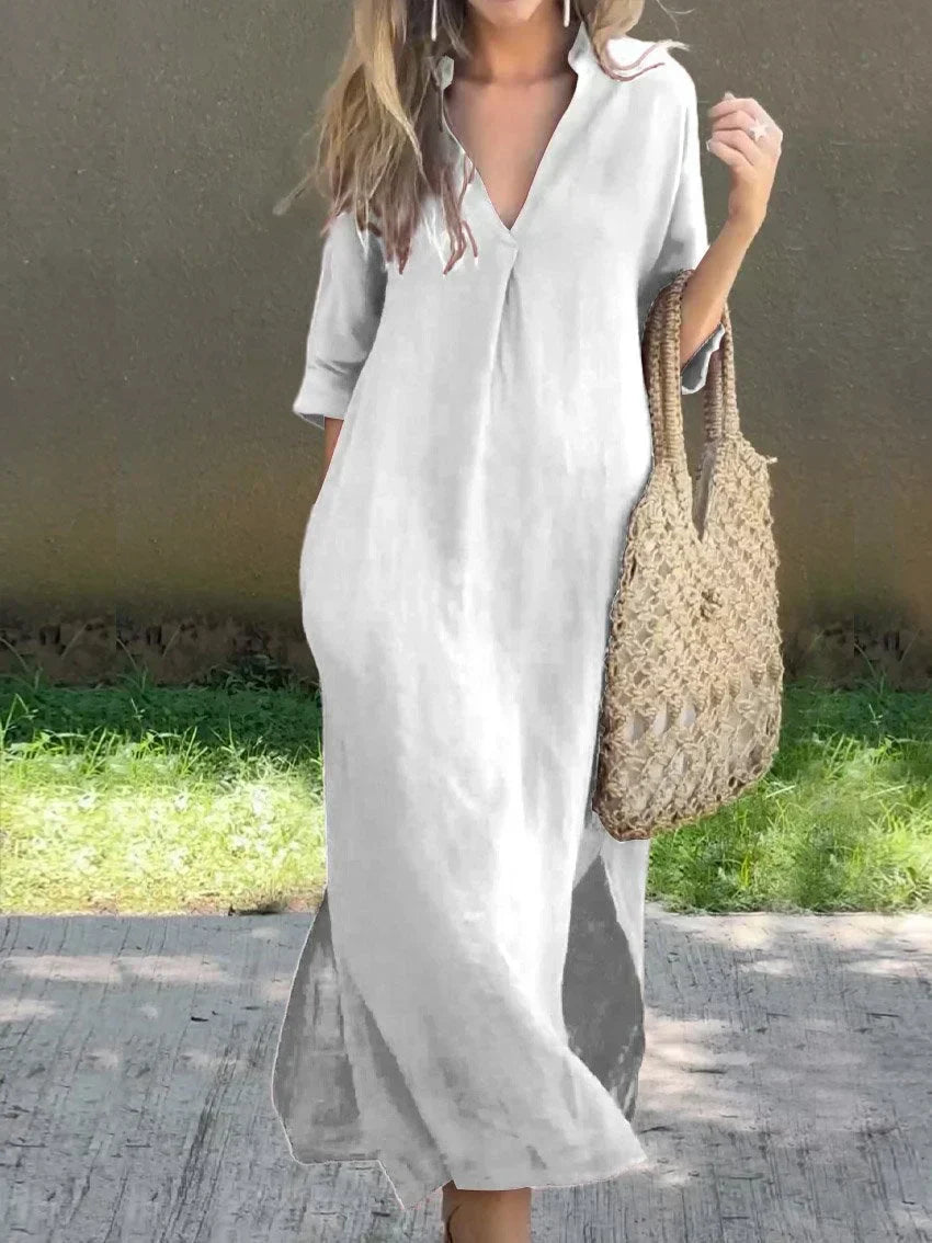 WW | Schlichte Leinenkleid mit V-Ausschnitt und Tasche