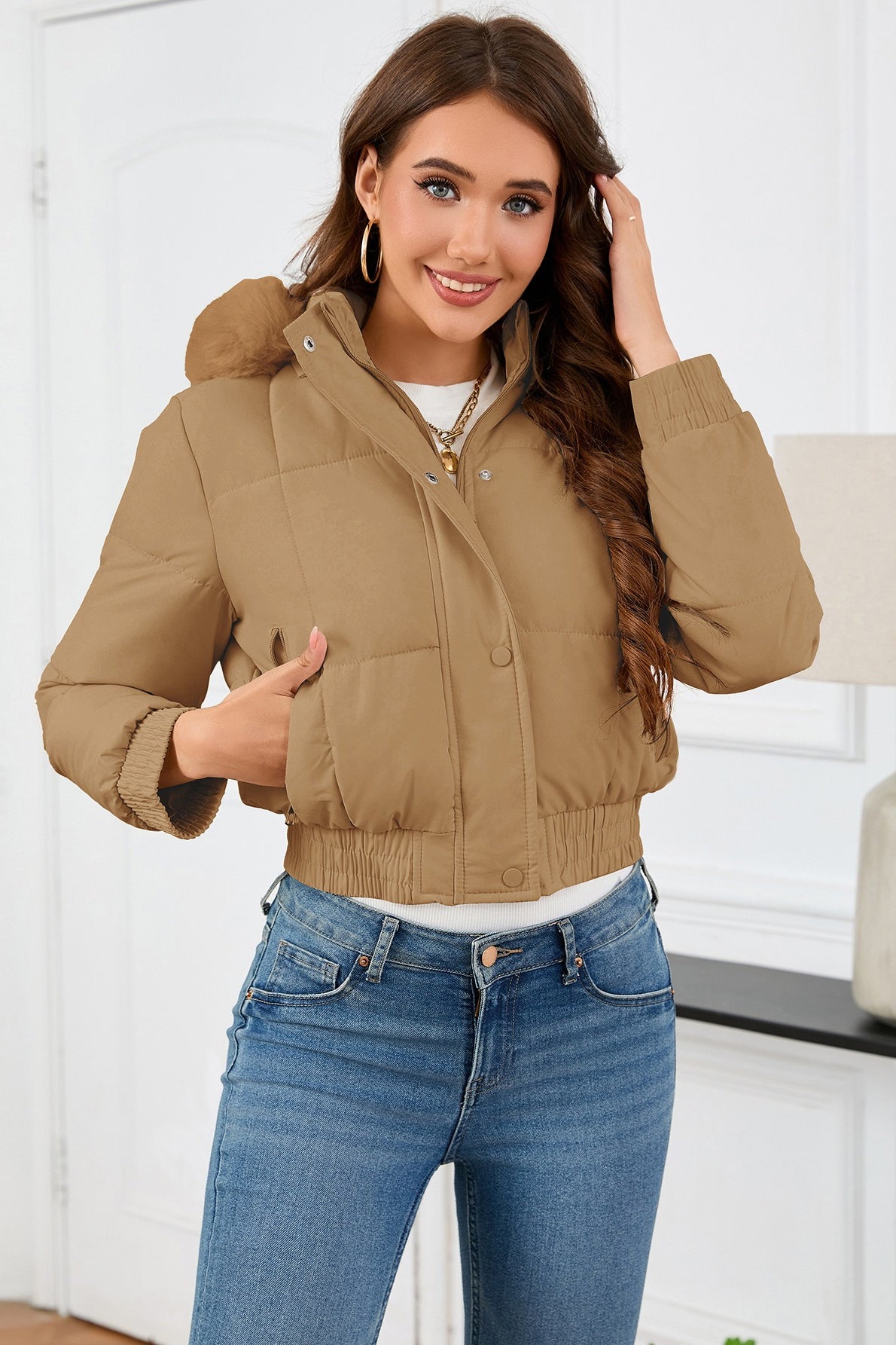 WW | Hohe Taille Kunstpelz Kapuze Pufferjacke