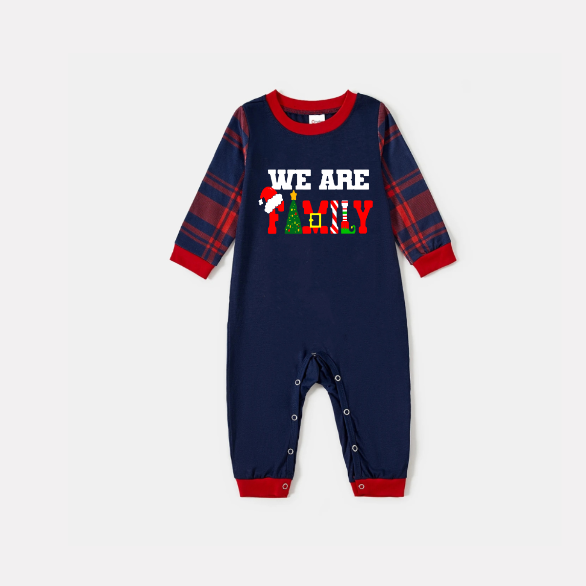 WW | Christmas "We are Family" Text Print Blue Long-Sleeved Top with Red and Blue Plaid Family Matching Pajamas