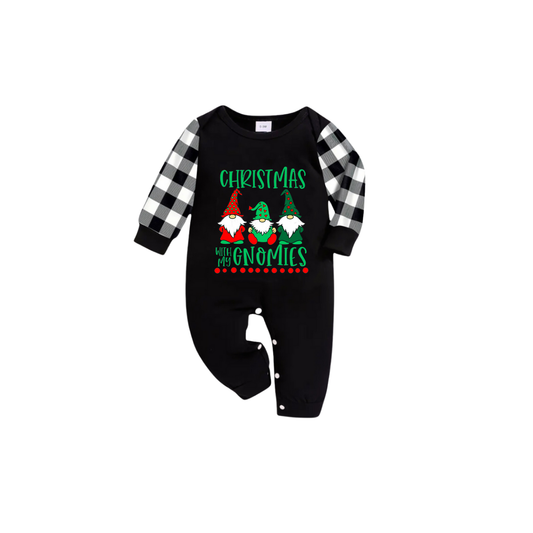 WW | Black and white checkered Christmas pajama set with short sleeves and "Christmas with my Gnomes" text print
