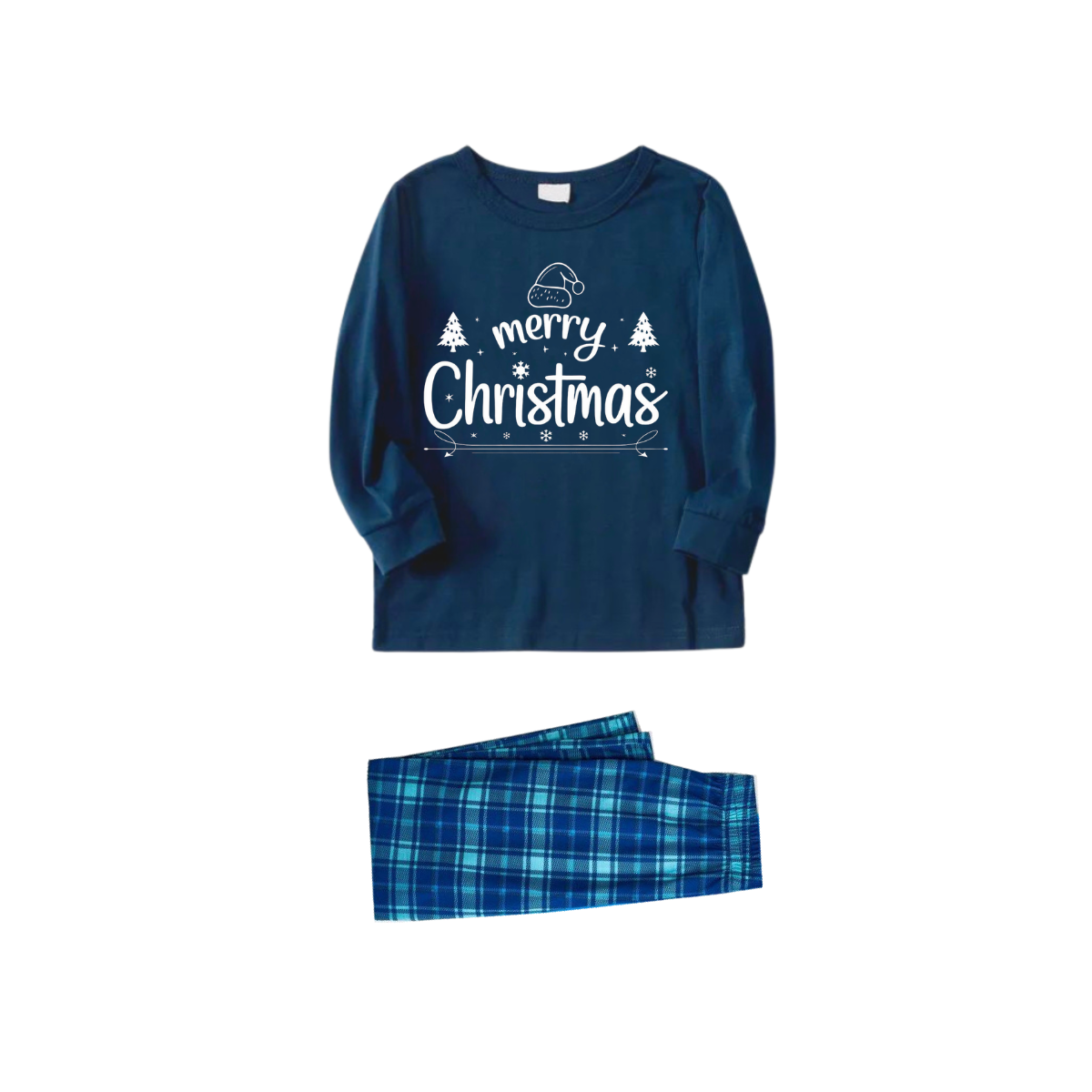 WW | "Frohe Weihnachten" Weißer Buchstabe 2025 Blauer Langarmoberteil Mit Blauen Karomuster Familie Passende Schlafanzüge