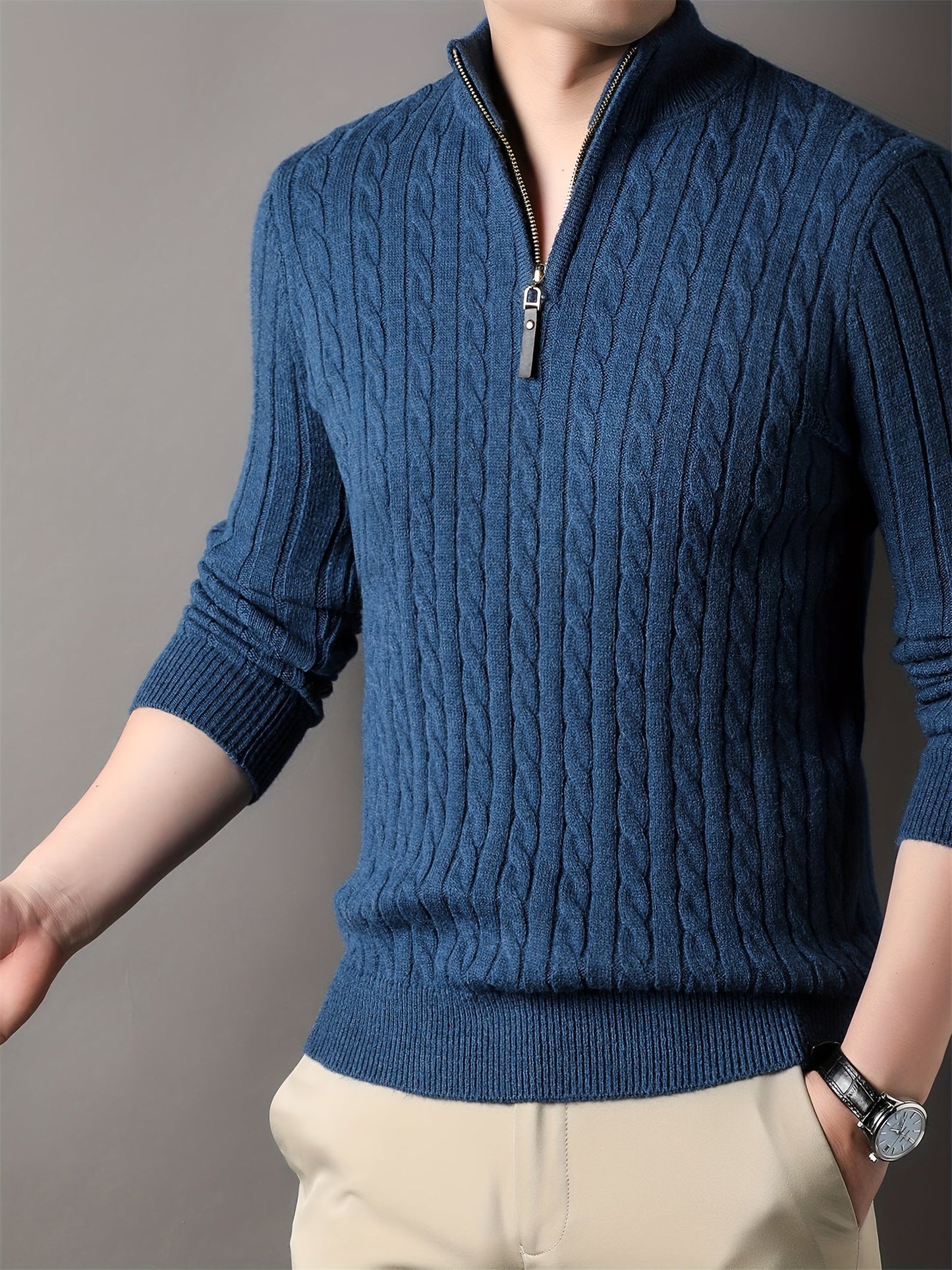 WW | Men's Casual Cable Knit Zip Sweater