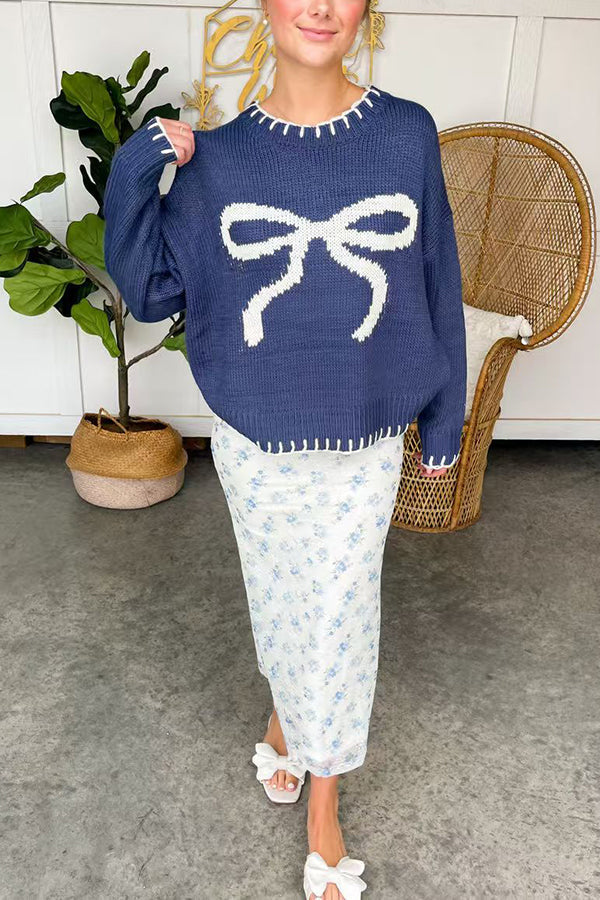 WW | Christmas Bow Contrast Color Inset Edge Long Sleeve Knitted Sweater