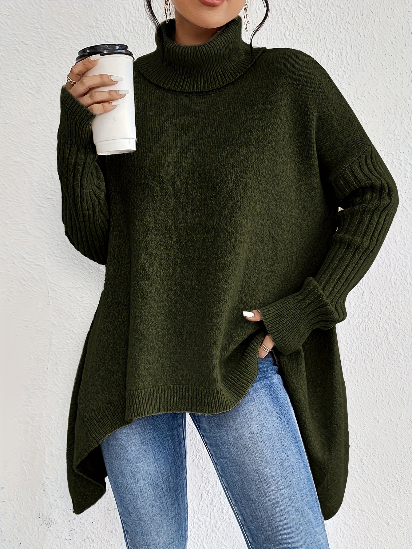 WW | Baumwoll-Rollkragenpullover mit asymmetrischem Saum und langen Ärmeln Pullover Damen - Perfekt für den Alltag