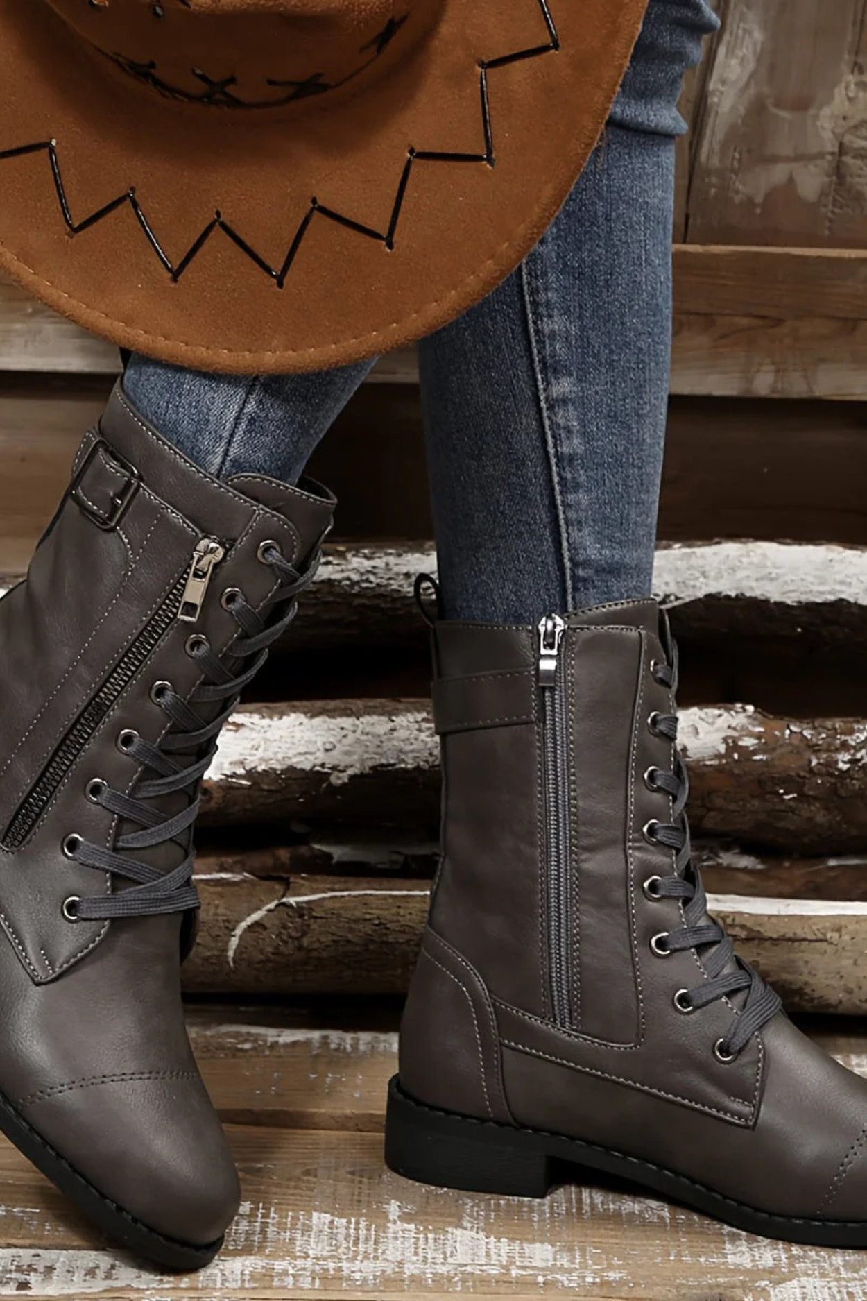 Miya Leather Boots with Zipper - Grey