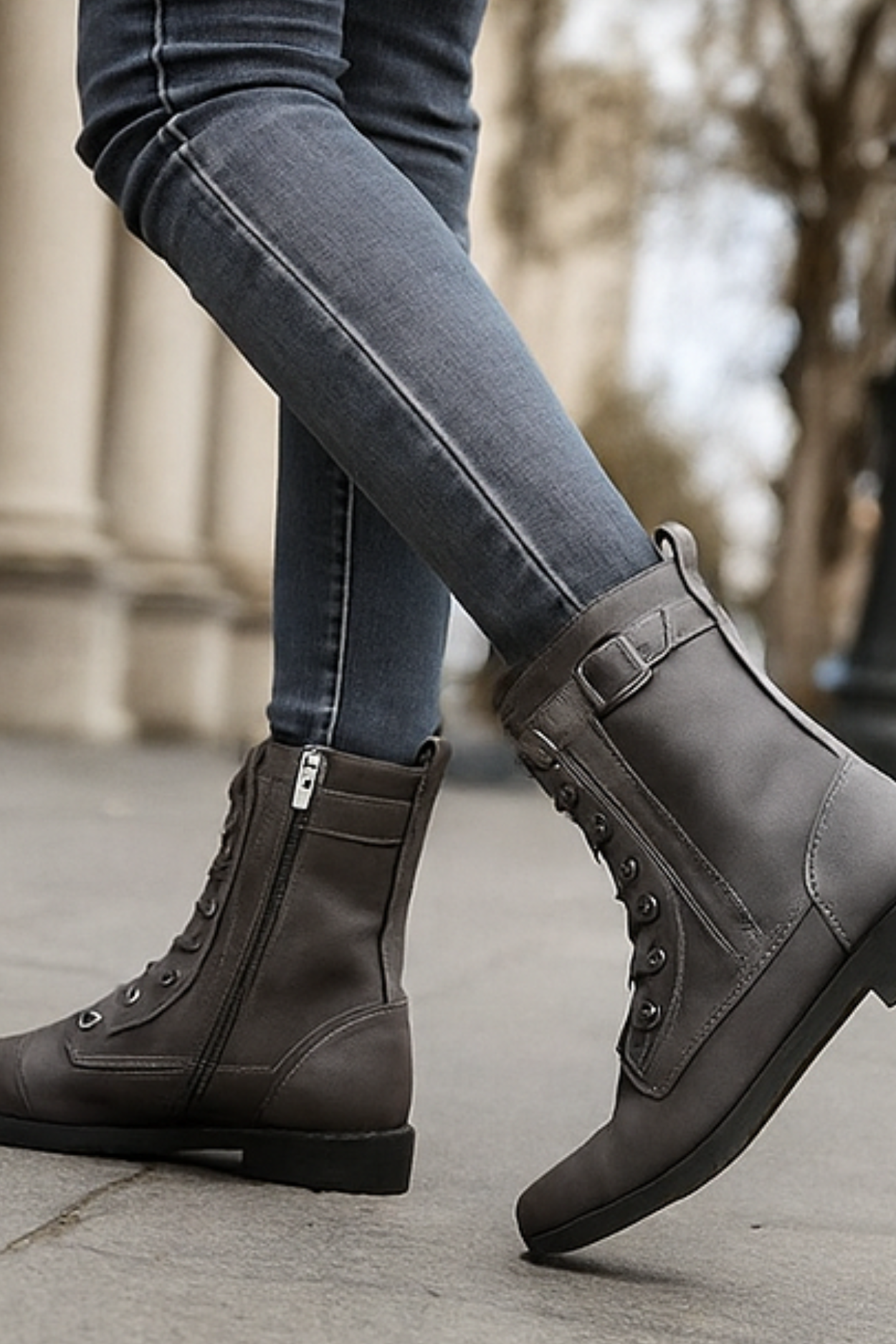 Miya Leather Boots with Zipper - Grey
